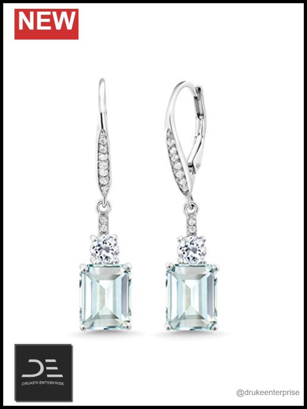 Sterling Silver Birthstone Drop Earrings White Topaz Emerald Cut 9x7mm Dangle